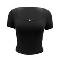 thumbnail image 4 of Camiseta Mujer Camiseta de manga corta con cuello en U floral con ribete de encaje para mujer (negro S) Cgtredaw Para estrenar, 4 of 5