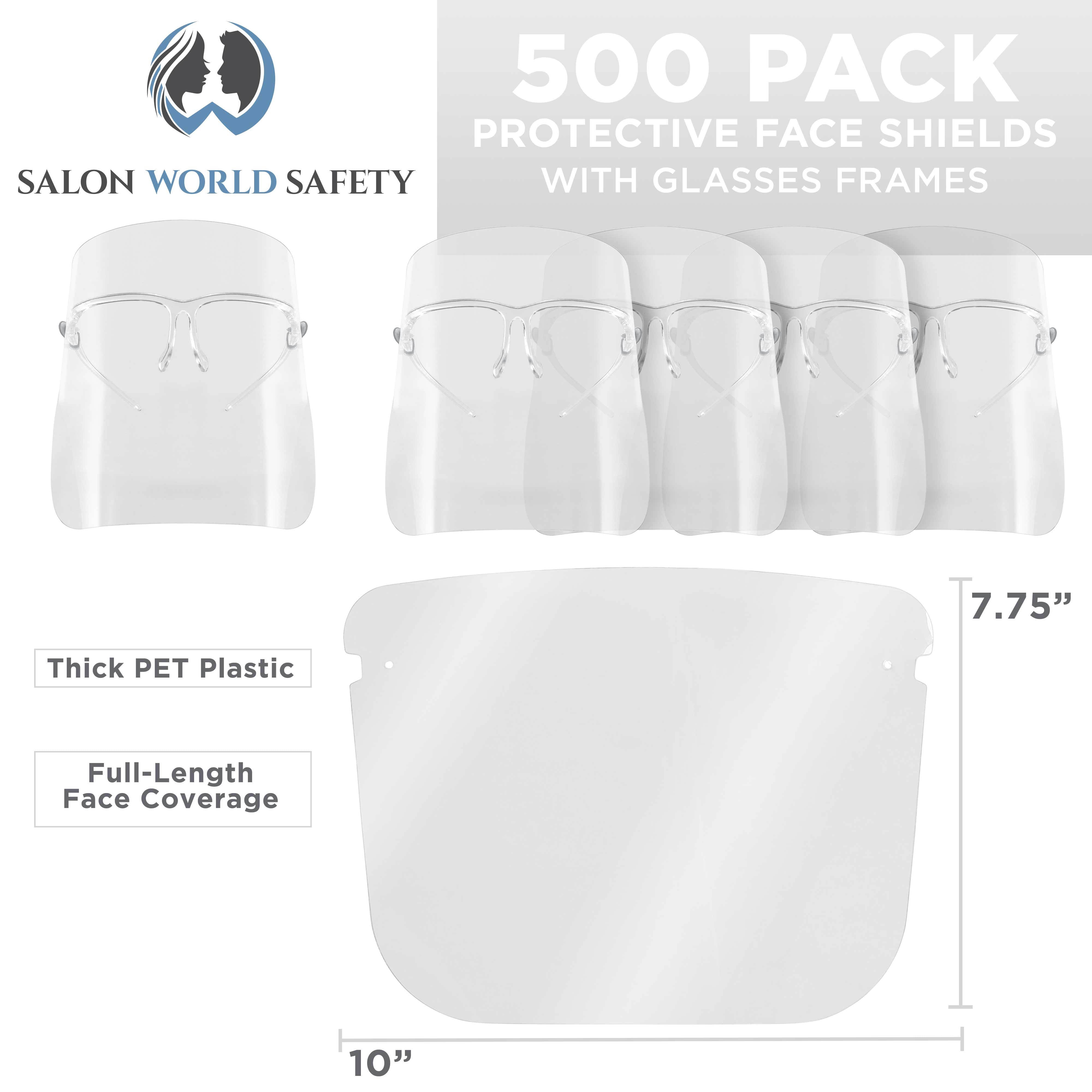TCP Global Salon World Safety Face Shields with All Clear Glasses Frames (Case of 500) - Ultra Clear Protective Full Face Shields to Protect Eyes, Nose, Mouth - Anti-Fog PET Plastic, Goggles