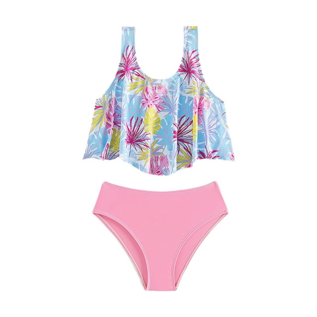 IROINID Girl's Swimsuit Split Womens Tropical Style Pattern Kids Swimsuit 5-13 Years Pink 9Y