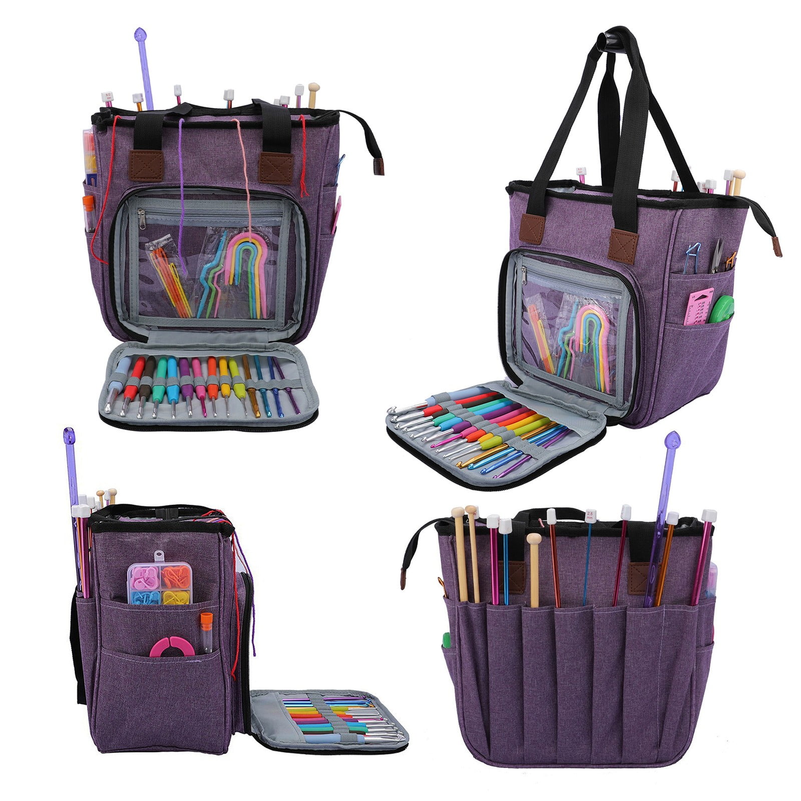 Knitting Project Bag Cozival Multi-Compartment Knitting Project Bag with Needle Organizer - Portable Storage for Yarn, Crochet Hooks, and Accessories, Perfect for Crafters on The Go, Purple