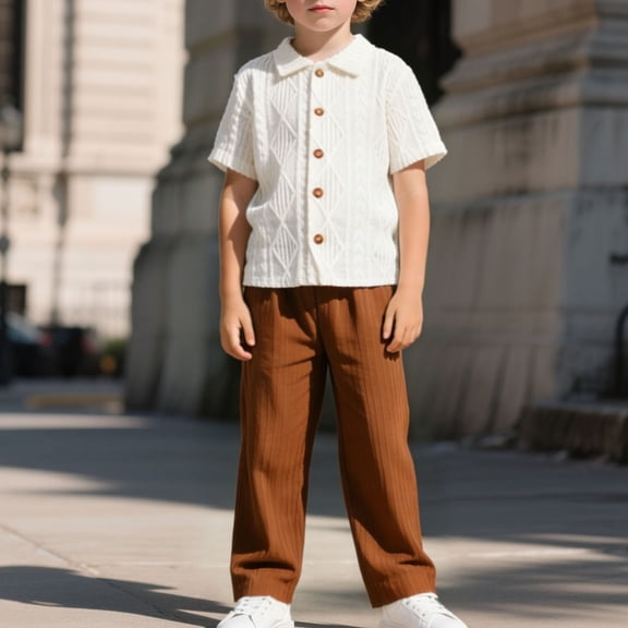 ITSAME Boys Outfit 2-Piece, Lapel Button Up Top and Casual Pants Summer Fashion Comfortable Set Brown Size 5-6T
