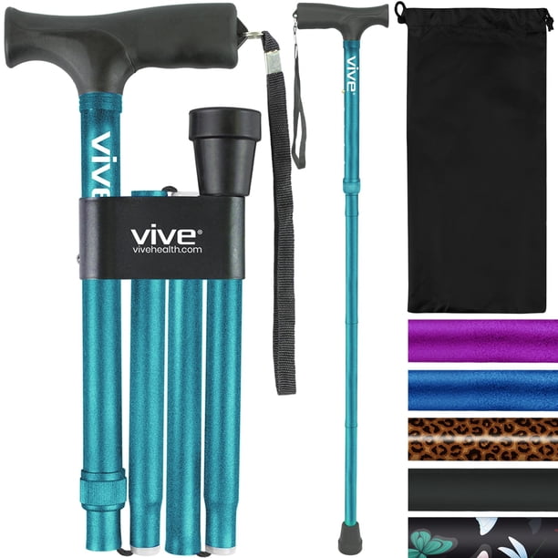 Bastón plegable Vive - Bastón plegable para hombre y mujer - Plegable, ligero, ajustable y portátil - Ayuda para la movilidad y el equilibrio - Mangos en T elegantes y cómodos (verde azulado)