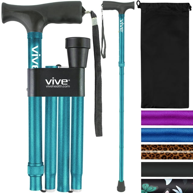 Bastón plegable Vive - Bastón plegable para hombre y mujer - Plegable, ligero, ajustable y portátil - Ayuda para la movilidad y el equilibrio - Mangos en T elegantes y cómodos (verde azulado)