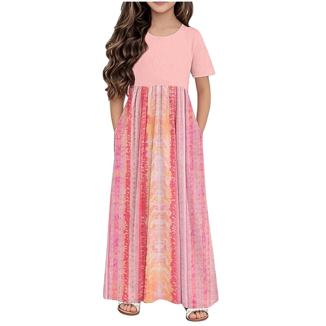 DecSea Robe Évasée Florale pour Filles Manches Courtes avec Poches, Tenue Décontractée Vacances/quotidien