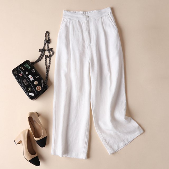 Pantalon Neuf Dixièmes Ample à Jambe Grand Mince en Coton et Lin Uni pour Femme Blanc TG