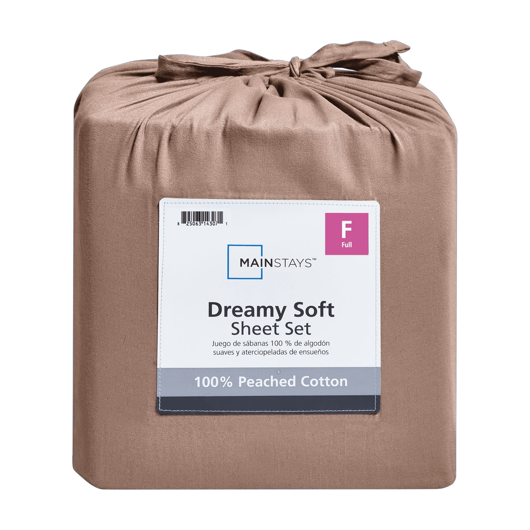 Mainstays Dreamy Soft 4-Piece Bed Sheet Set, 100% Cotton, 220 Thread Count Brushed and Washed Sateen, Deep Pocket, Full, Teddy Bear Brown
