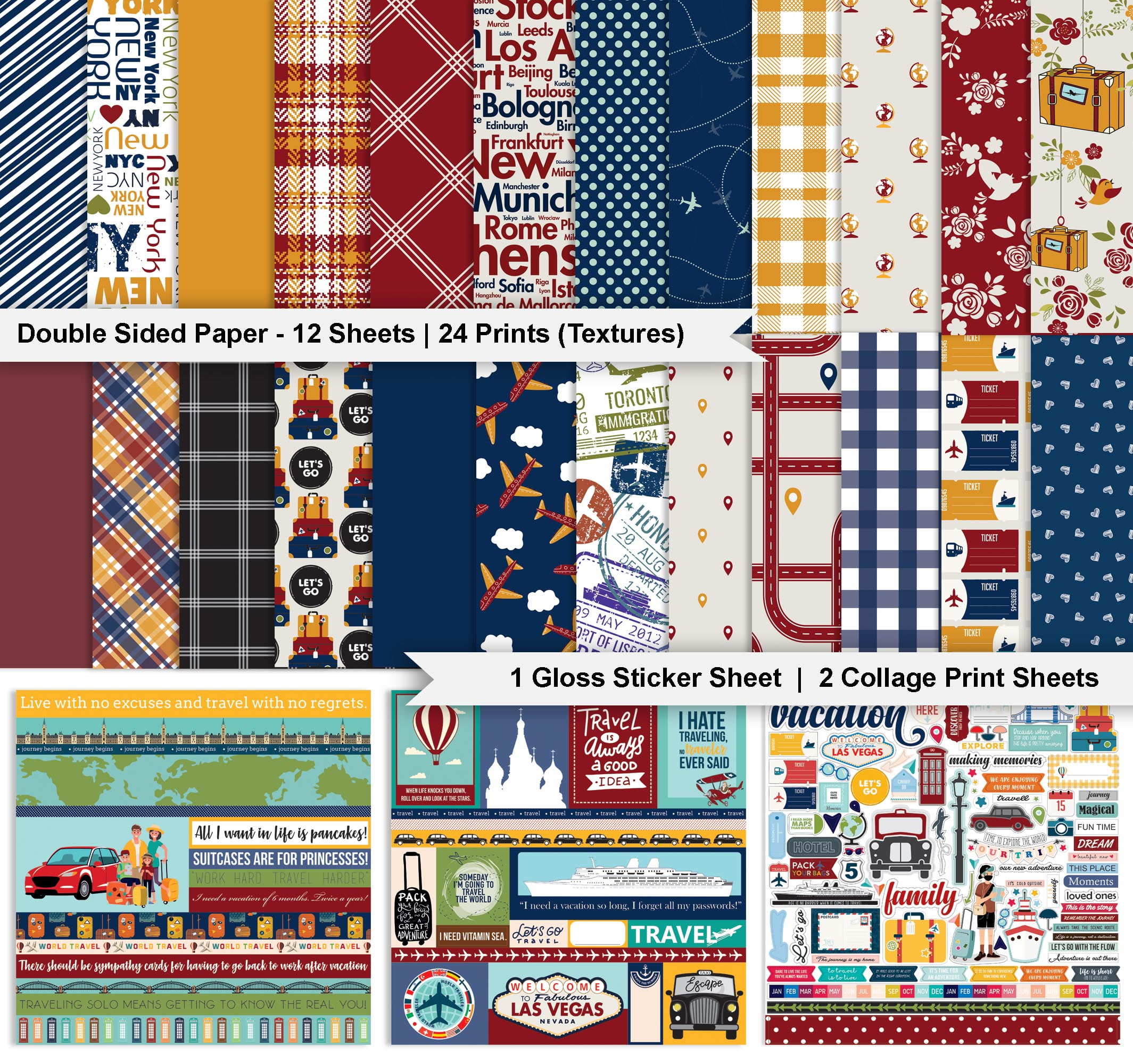 Inkdotpot Travel Collection Double,Sided Scrapbook Paper Kit Cardstock 12"x12" Card Making Paper Pack Of With Sticker Sheet - 16 Pages - Multicolor
