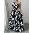 thumbnail image 5 of Black And White Floral One-Shoulder Pleated Maxi Dress With Puff Sleeve, 5 of 8