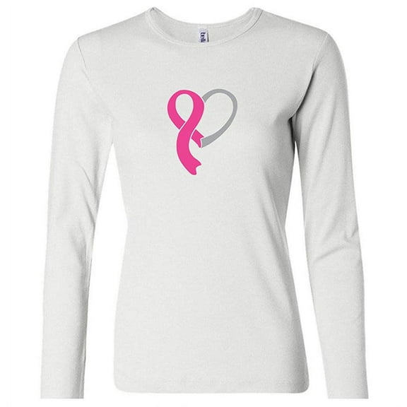 Ladies Breast Cancer Awareness Heart Ribbon Long Sleeve Tee - White, XL