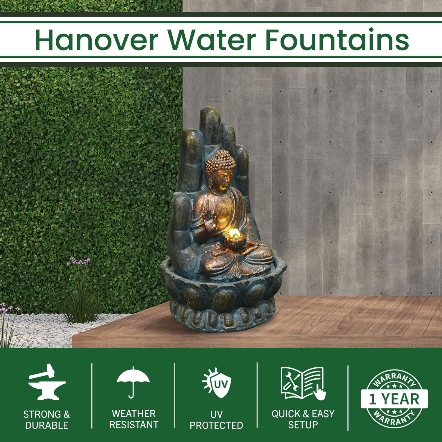 Hanover 21-In. Buddha Hand of Protection Indoor or Outdoor Garden Fountain with LED Lights for Patio, Deck, Porch, HAN021BUDDHA-03