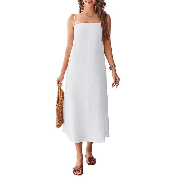 Fiophy 100% Linen Dress Square Neck Sleeveless Spaghetti Strap Summer Casual Midi Dresses with Slit,White,L