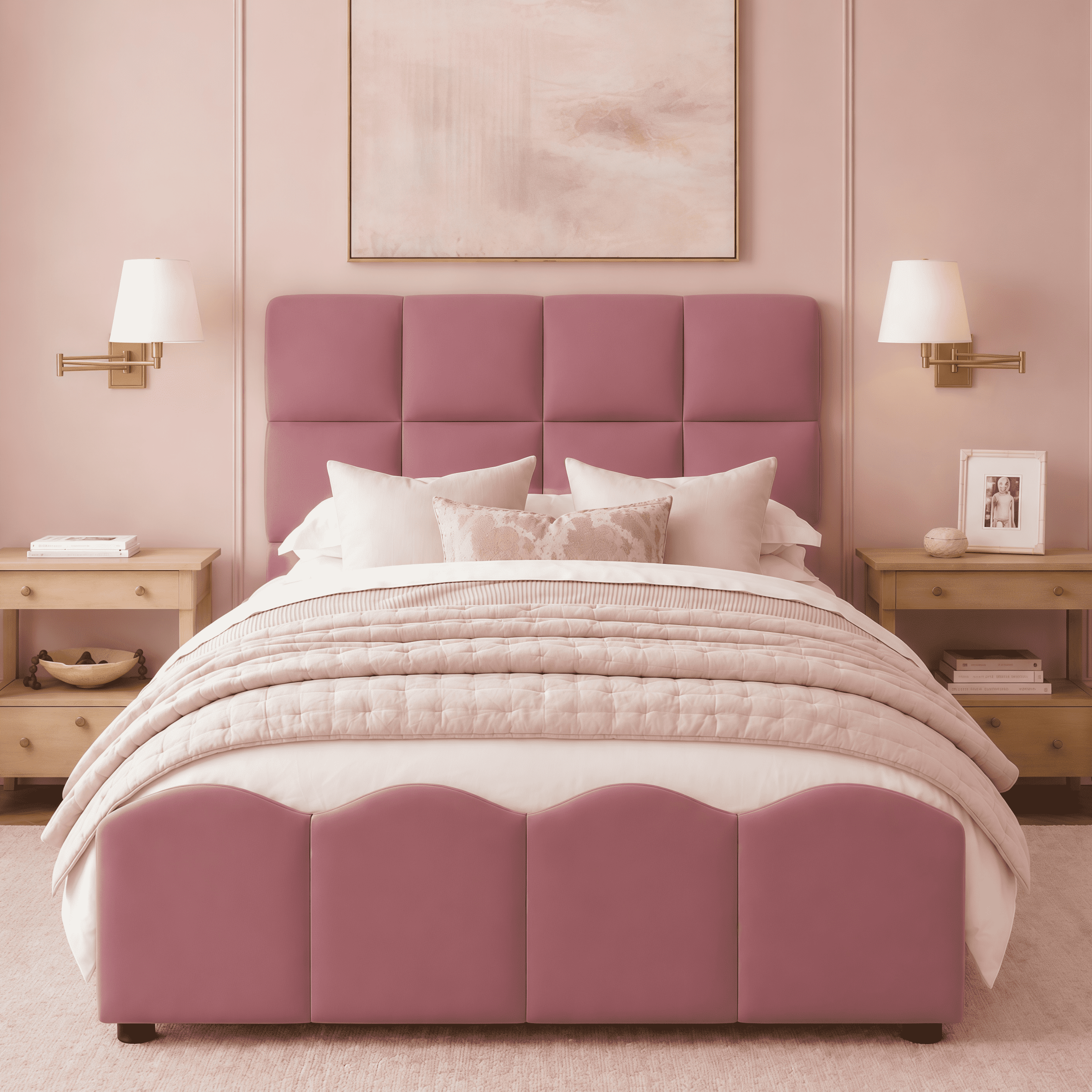 Euroco Upholstery Velvet Twin Size Platform Bed with Tall Panel Headboard, No Box Spring Needed, Pink