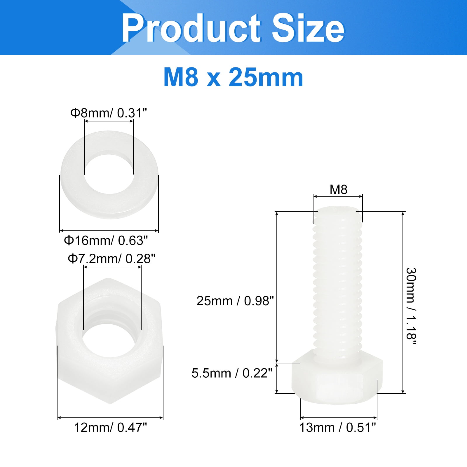 Uxcell 300 Pack/100 Sets Nylon Hex Bolts, M8 x 25mm Plastic Full Threaded Hex Head Screws Bolts and Nuts with Flat Washers for Machinery Electronics Industrial Accessories, White