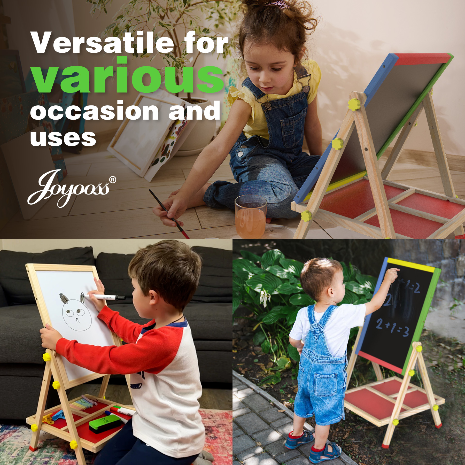 JOYOOSS 3-in-1 Kids Easel with Chalkboard & Whiteboard, Wooden Toddler Art Easel for Ages 4-12, Adjustable Magnetic Drawing Board with Markers & Eraser 105-Natural