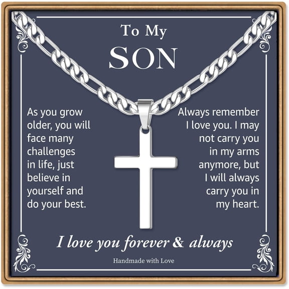 Cross Necklaces Gifts for Men Him - Silver Figaro Chain Stainless Steel Cross Necklace Jewelry, Anniversary Birthday Gift for Dad Husband Brother Son Grandson Gift
