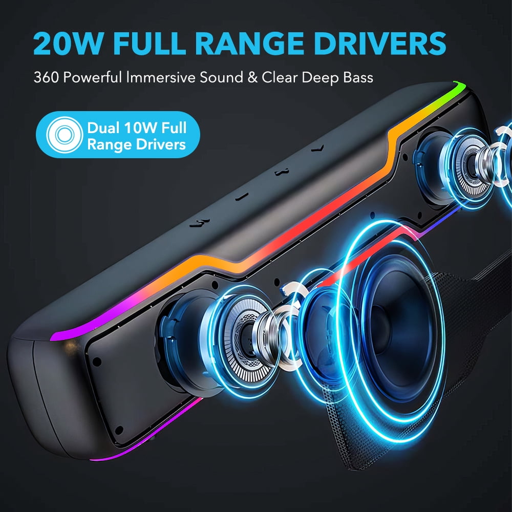 Bluetooth Speaker Soundbar, 20W PC RGB Gaming Soundbar with 3.5mm Jack Aux-in Computer Speakers, TWS Sound Bar for Desktop Laptop