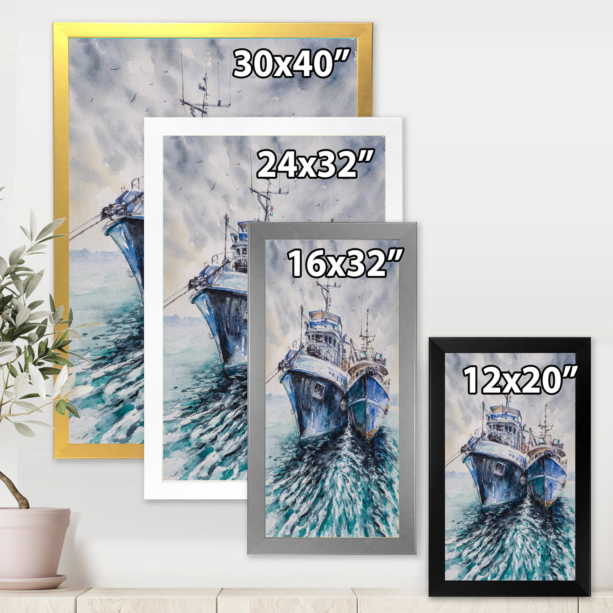 Designart 'Blue Fishing Boats Before A Storm Anchored' Nautical & Coastal Framed Art Print