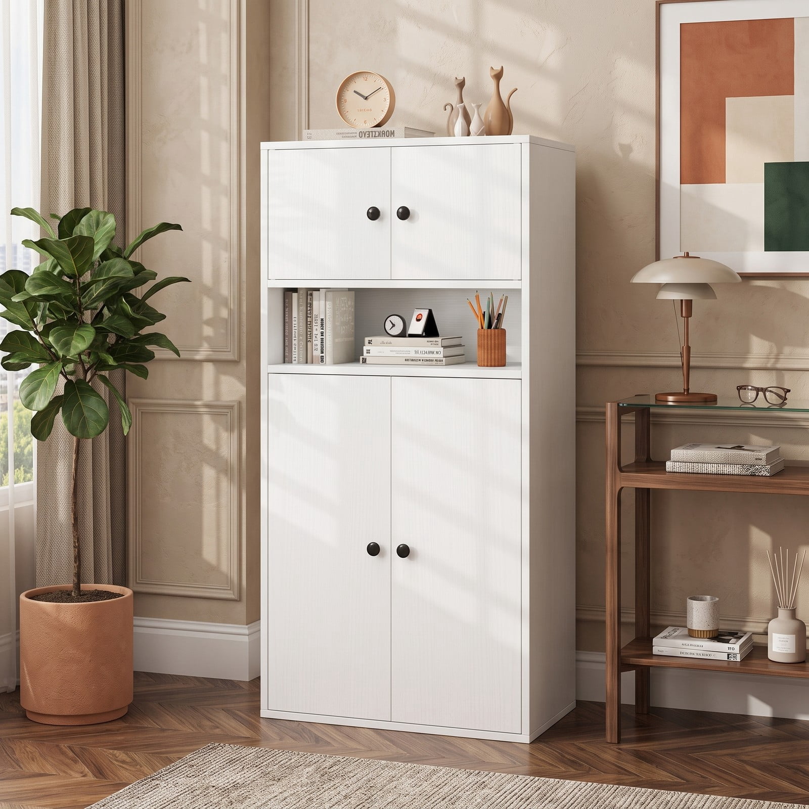Furnibear 44 Inch Tall Bookshelf with Doors and Adjustable Shelf, Wood Storage Bookcase Cabinet with 2 Enclosed Cabinets and Open Compartment for Home Office, White