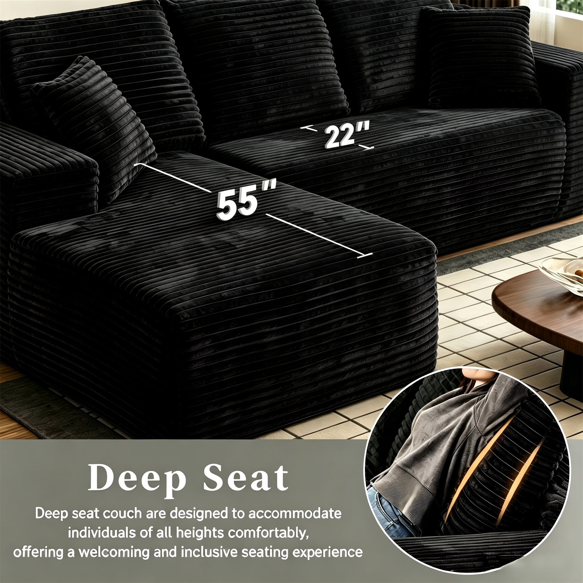Aukfa 108" Cloud Sectional Sofa Deep Seat Boneless Couch Modular L-Shaped Couch, Rihgt Chaise Corduroy Sofa for Living Room, Black