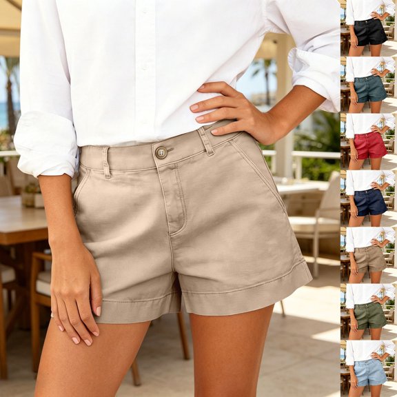 Gunia High Waisted Shorts Women Stretch Stretchy Wide-Leg Lose Cargo Shorts Pockets Button Short Pants Lightweight Daily Wear Summer Ladies Comfortable Clothes Beige