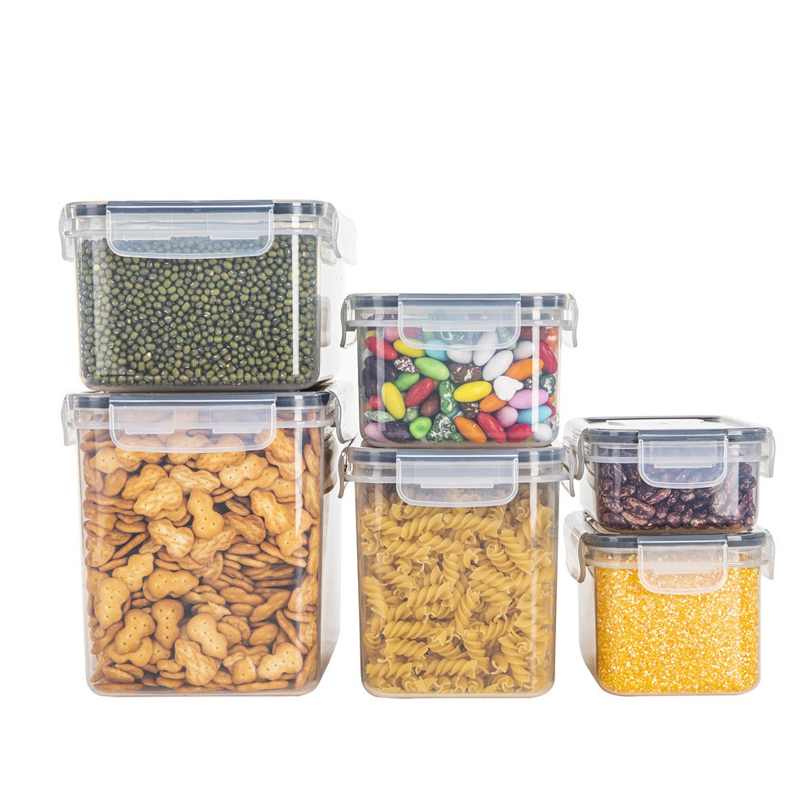 Vacemry under $5 Kitchen Storage Container, 6-Piece Plastic Pantry Organizer Set, Airtight Food Storage Bins for Grains Flour Snacks, Clear Stackable Canisters with Easy Lock Lids