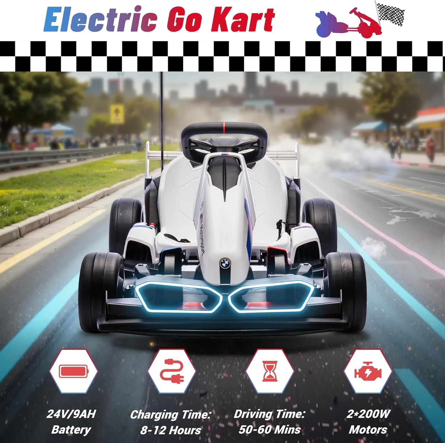 24V 9AH Electric Go Kart with Adjustable Seat,Licensed BMW 7.5 MPH Drift Kart for Kids Age 6-12, 2 * 200W Motors, Drift Mode and 2 Speed， White