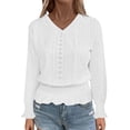 thumbnail image 7 of Womens Long Sleeve Shirts, Eyelet Tops for Women Fall Casual Vintage Solid Color Basic V Neck T Shirts S-2XL, 7 of 7