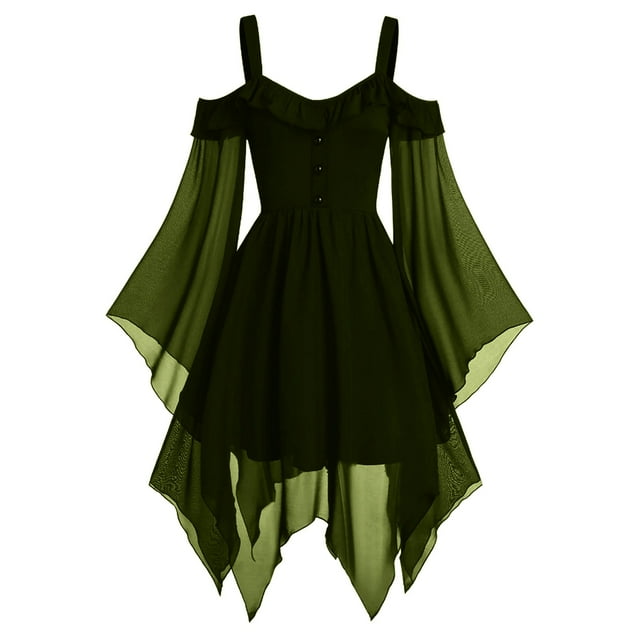 Robe Patchwork en Chiffon pour Femmes Style Rétro Couleur Unie Manches Trompette Longue Robe de Jeu de Rôle Longueur Vintage Médiévale Robe Gothic pour Femmes (Taille: TG)