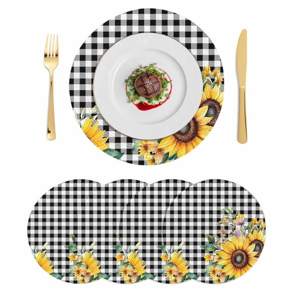 Sunflower Plaid Round 13 Inch Placemats Set of 4, Black White Checkered Yellow Floral HeatResistant Non Slip Place Mats for Dining Table, Wipeable Braided Kitchen Table Mats for Housewarming