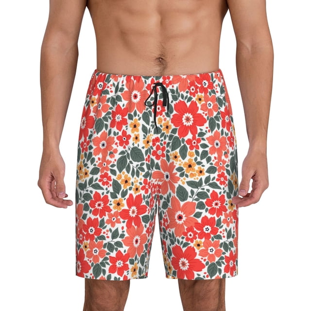 Fotbe Small Coral Red Flowers Pantalones Cortos de Pijama para Hombre, Ropa de Dormir, Pantalones de Pijama Cortos para Hombre-Medium