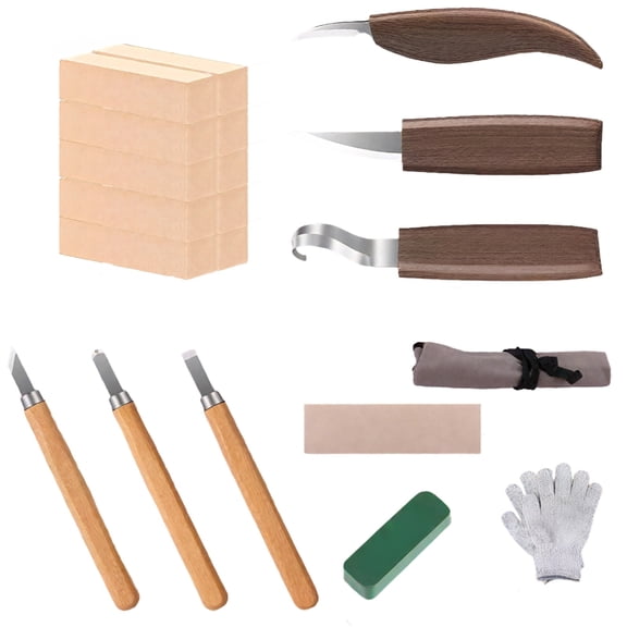 3-Piece Set with 20 Tools Wood Carving Kit for Beginners, Includes Carving Knives, Fabric Storage Bag, Polishing Wax, Safety Gloves, Ideal for DIY Woodworking, Craft Projects and Hobbyists