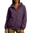 thumbnail image 2 of thefnos Womens Plus Size Cargo Jacket Zip Up Long Sleeve Hooded Coat Fall Solid Color Vintage Trench Coat with Pockets Casual Fashion Clothes, Purple M, 2 of 9