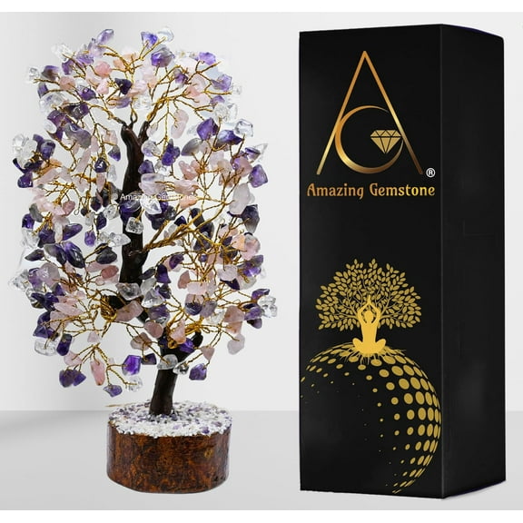 Rose Amethyst Clear Quartz Crystal Tree - Healing Crystal Bonsai Tree Room Decor Office Desk Decor