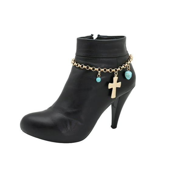 Women Gold Metal Chain Boot Bracelet Anklet Shoe Cross Charm Turquoise Blessing