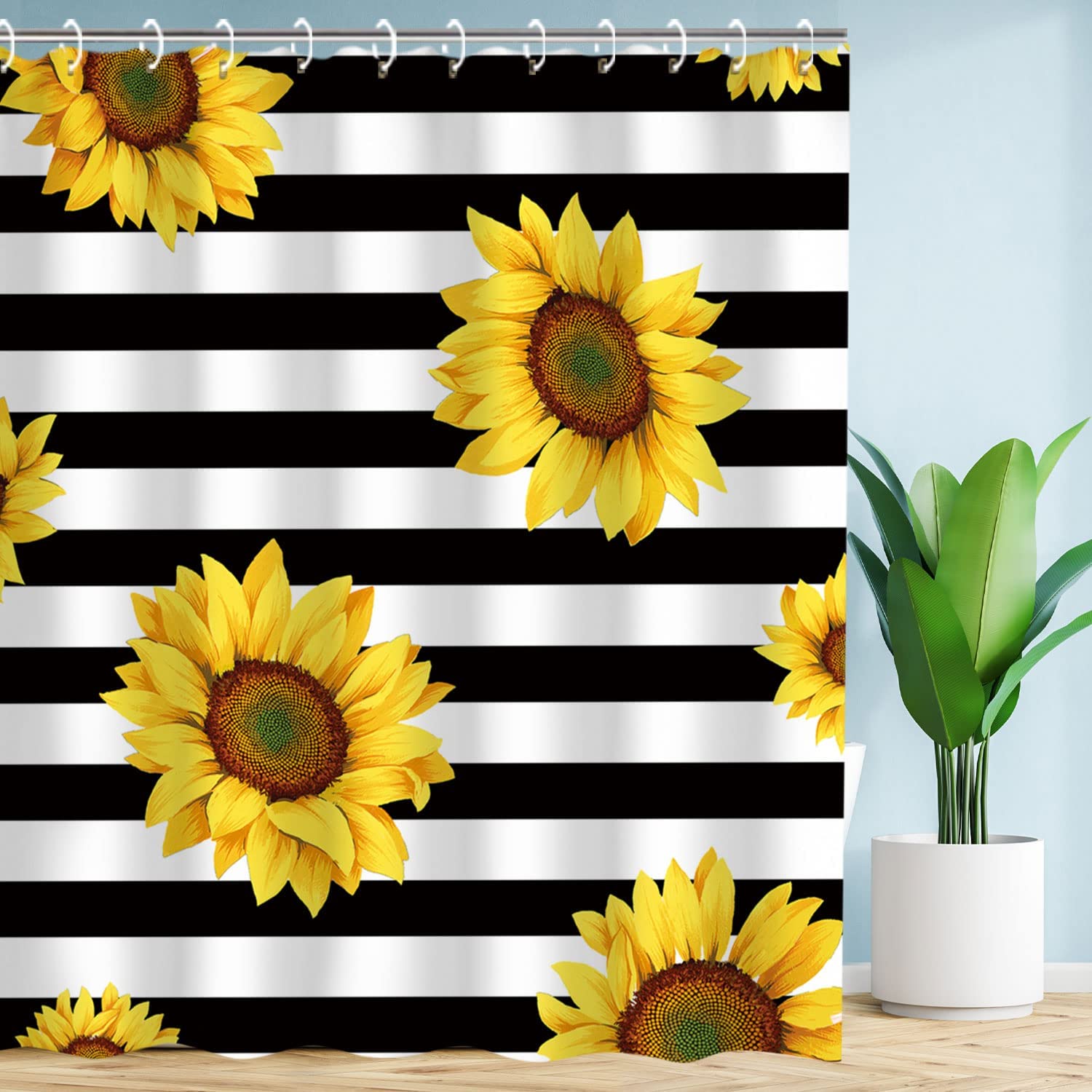 Sunflower Shower Curtain Set with 12 Hooks,Fabric Black and White Striped Sunflower Bathroom Curtain Creative Yellow Floral Modern Bathroom Accessories, Machine Washable (72" W x 84" H)