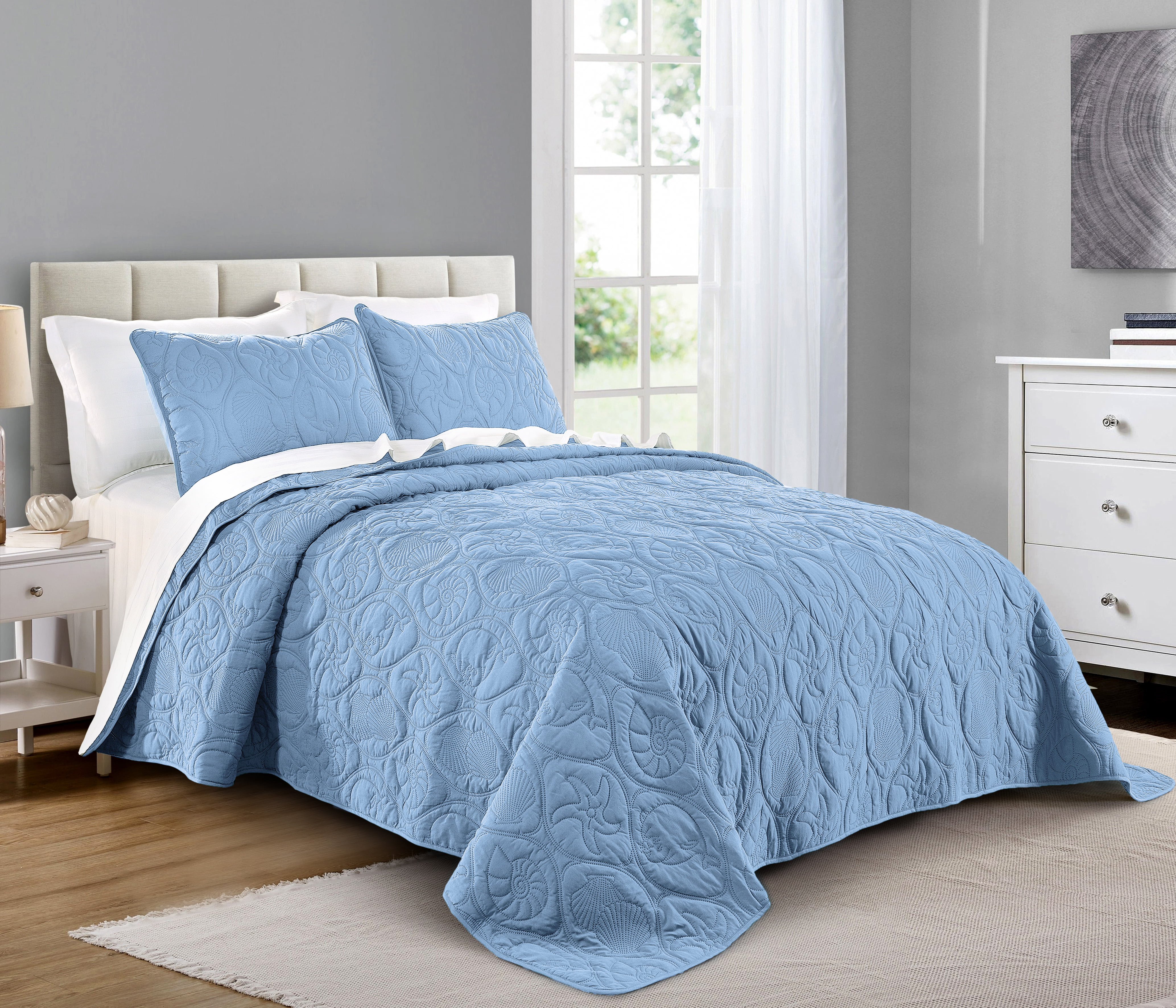 Quilt Set Full/Queen Size Skyblue - Oversized Bedspread - Soft