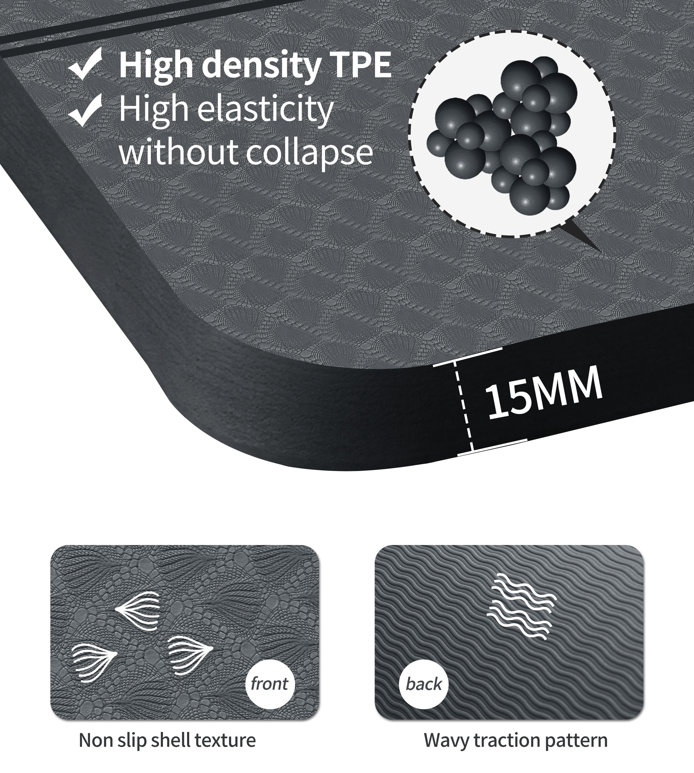 Extra Thickened 15mm Exercise Mat (72" x 32") for Men & Women Non Slip with High Density Large Shock Absorber Pad for Home Gym Travel & Floor Outside Fitness in Grey