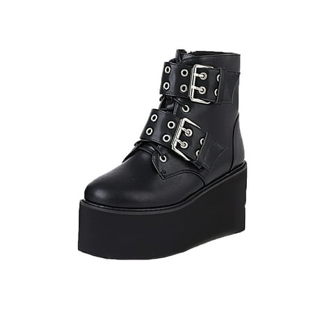 

Lanhui Women s Belt Buckle Platform Side Zipper Round Toe Platform Heel Ankle Boots