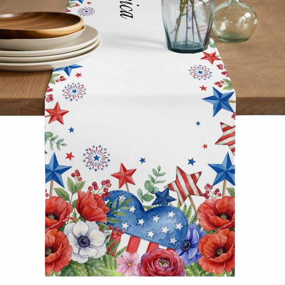 4th of July Floral Table Runner 72 Inches, Blue Red Independence Day Stars Bed Runner Dresser Scarves Tabletop for Indoor Outdoor Parties/Ceremony/Banquet, 16" x 72"