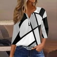 thumbnail image 2 of WTOBBY Women's Casual V-Neck Button Down Tee with 3/4 Sleeve, Daily Weekend Fashion Basic Tunic Top, Retro Geometric Print Henley Collar Regular Fit Shirt,Light Gray S, 2 of 5