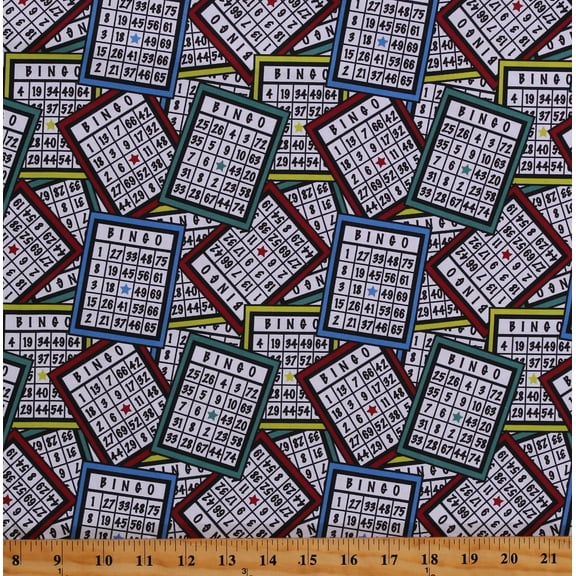 Cotton Bingo Balls Games Cards Academic White Cotton Fabric Print by the Yard (116287)