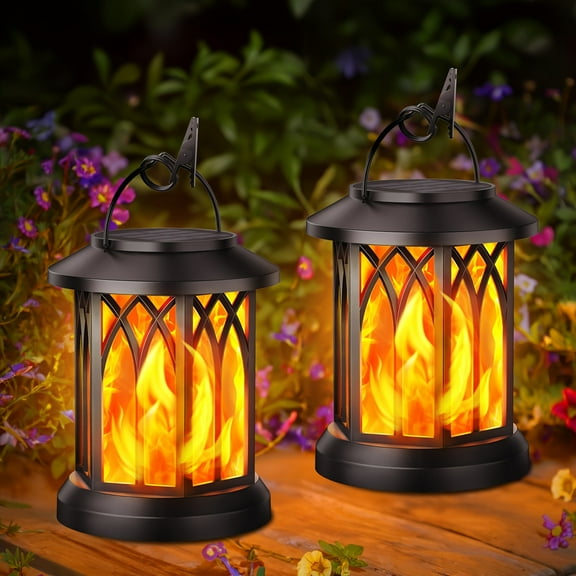 Upgraded Flickering Flame Solar Lantern, 2/4 Pack Metal Outdoor Hanging Lights, IPX5 Waterproof Solar Powered LED Flame Lights for Patio Garden Christmas Decor