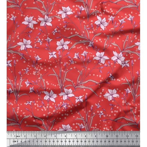 Soimoi polyester Crepe Fabric Leaves & Azalea Floral Print Fabric by the Yard 42 Inch Wide