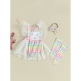 thumbnail image 3 of Bslissey Baby Girls Easter Outfits Colorful Plaid Print Sleeveless Ruffled Mesh Patchwork Romper Bodysuit + Headband + Socks 0-12M Newborn Infant Cute 3Pcs Clothes Sets, 3 of 8