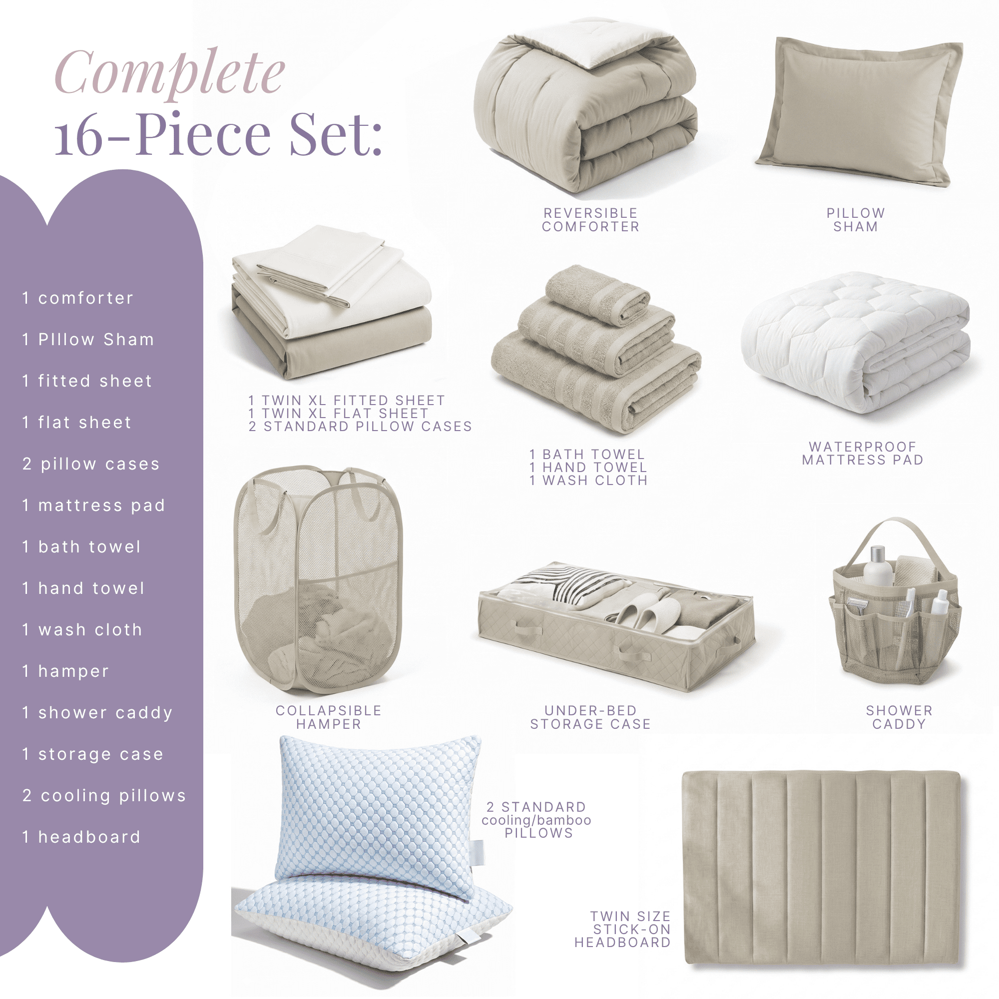 LammaLoe 16 Piece Complete Dorm Room Set, Twin XL Comforter Set, Includes Sheet Set, Mattress Protector, Pillows, Headboard, Towels & Organizers - All Dorm Accessories Included, Linen