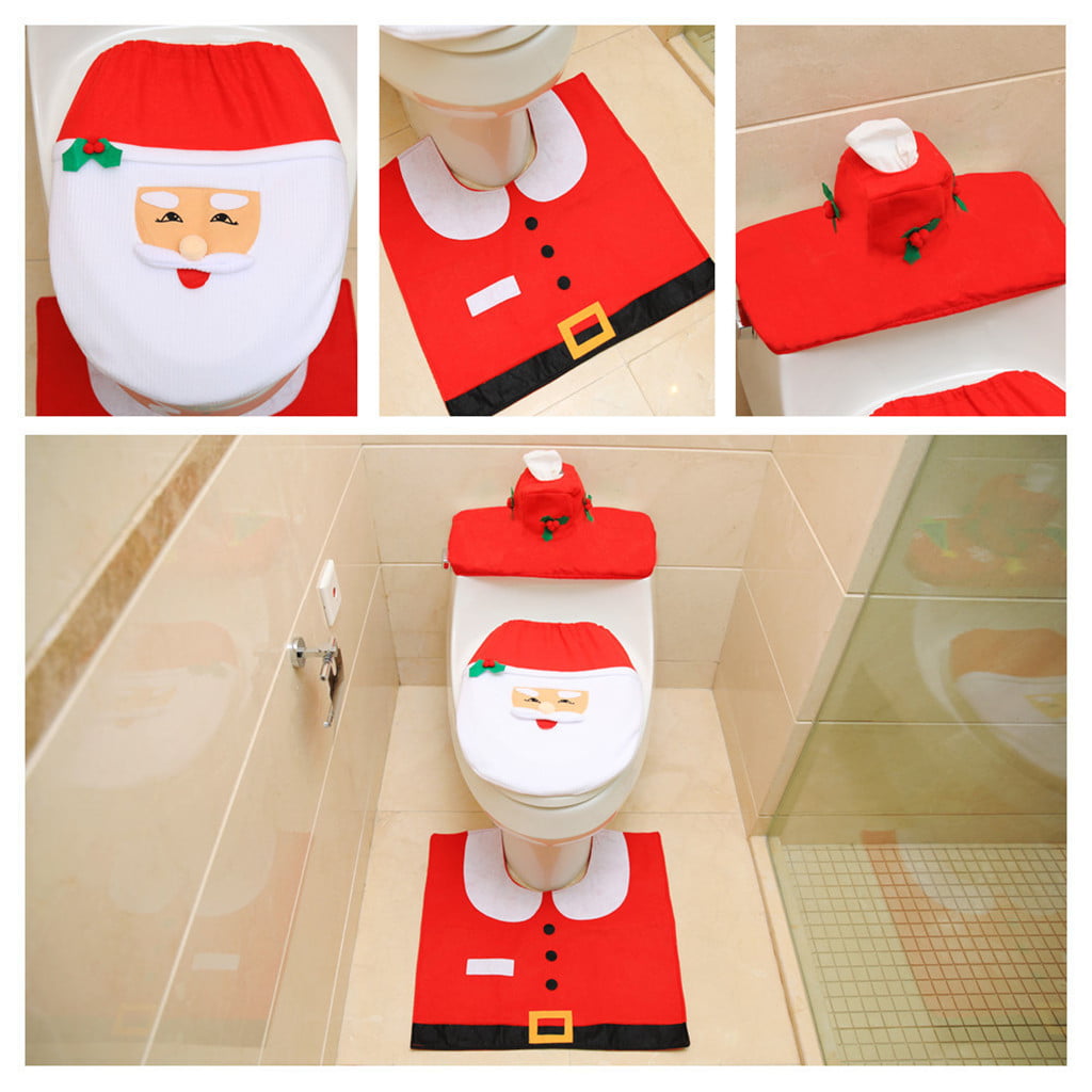 3pc Reindeer Toilet Seat Cover Set HMSR® Christmas Decoration Novelty 3pc Toilet Seat Cover & Rug Bathroom Set Festive House Party Decoration