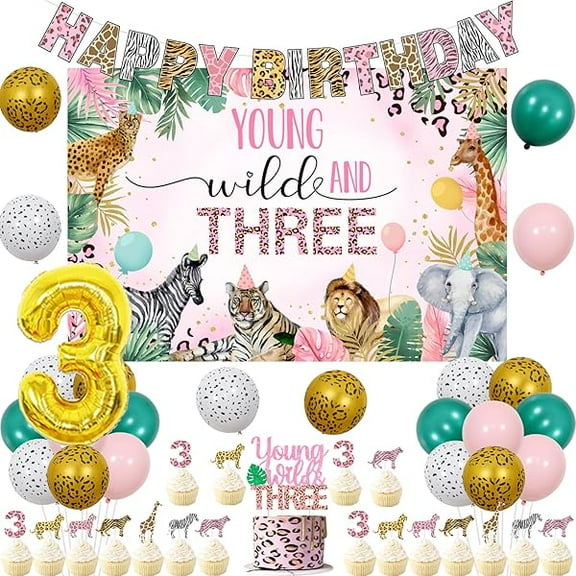 Young Wild and Three Decorations, Safari 3rd Birthday Decorations for Girl, Backdrop Happy Birthday Banner Cupcake Cake Toppers Cheetah Number 3 Foil Balloon for Jungle 3 Year Old Birthday