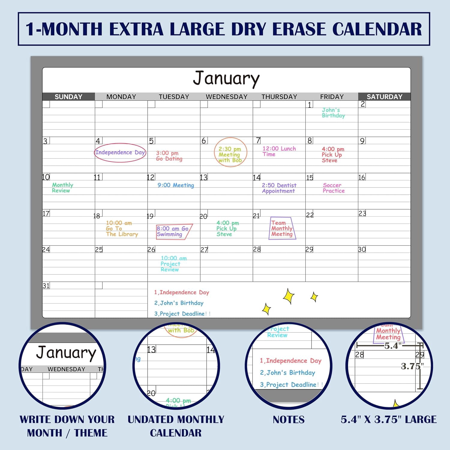 Large Dry Erase Calendar - Undated 1 Monthly Wall Calendar Laminated, 40" x 28", Blank Reusable Calendar Planner with Large Daily Boxes, Notes, Stickers, Great for Home, Office, Classroom, Grey