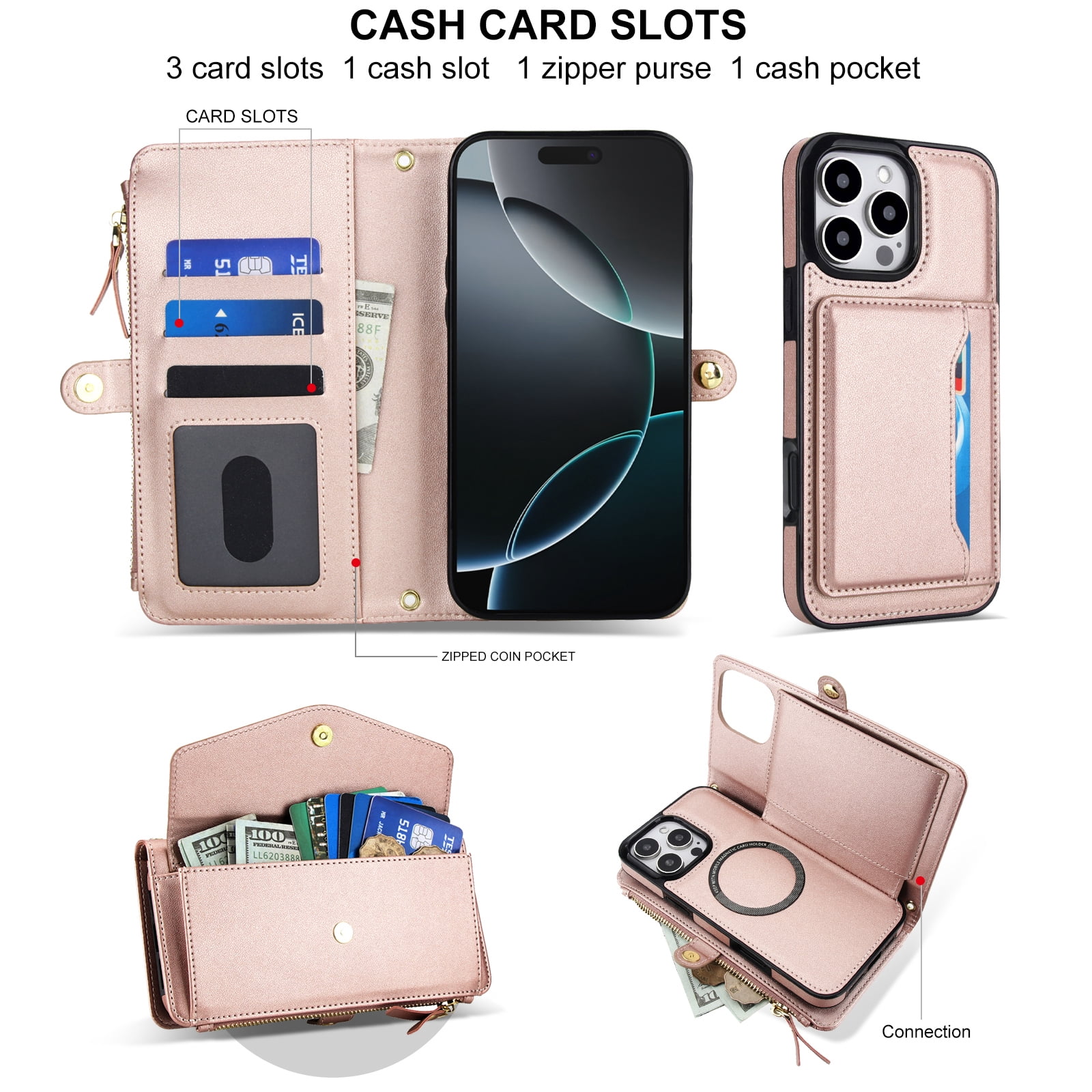 Dteck Crossbody Wallet for iPhone 15 Pro with Detachable Magnetic Phone Case, Compatible with MagSafe, RFID Blocking PU Leather Flip Cover Wrist Strap Zipper Card Holder Slots,Rosegold