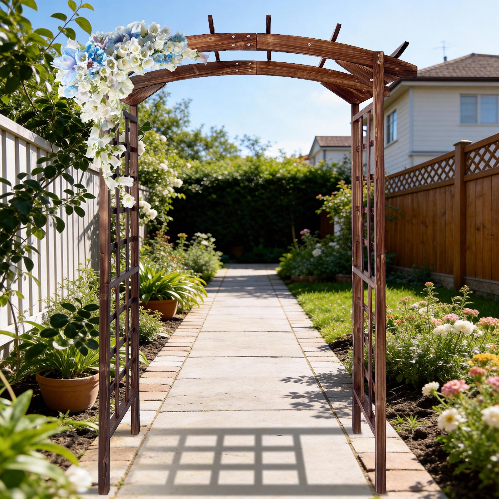 Gaderth 85in Wooden Garden Arbor Trellis, Outdoor Walkway Arbor Stand, Carbonized Finish Sturdy Fir Wood Pergola for Climbing Plants, Versatile Arch & Flat Top Design for Weddings & Patio Decor